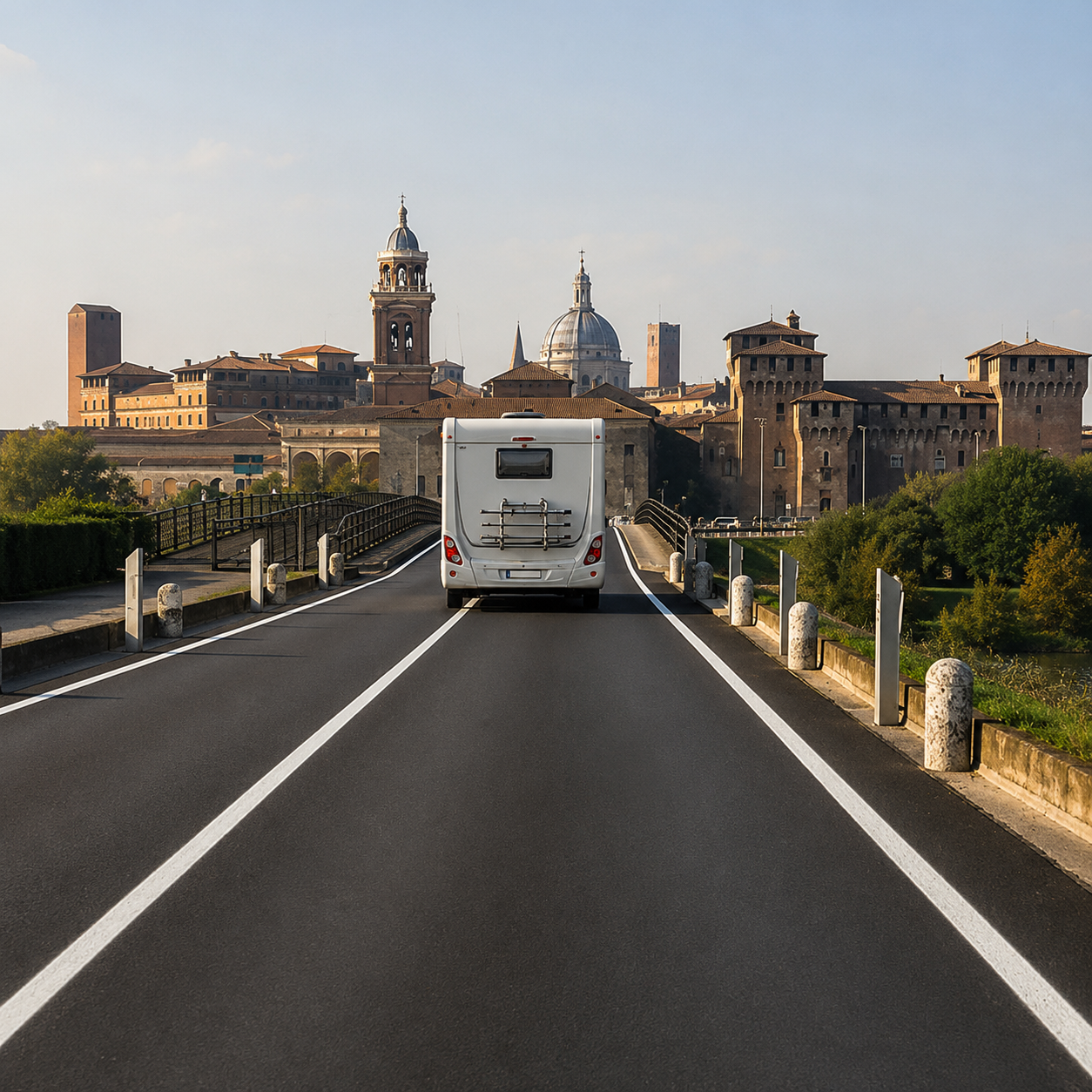 Camper in arrivo a Mantova con il centro storico sullo sfondo